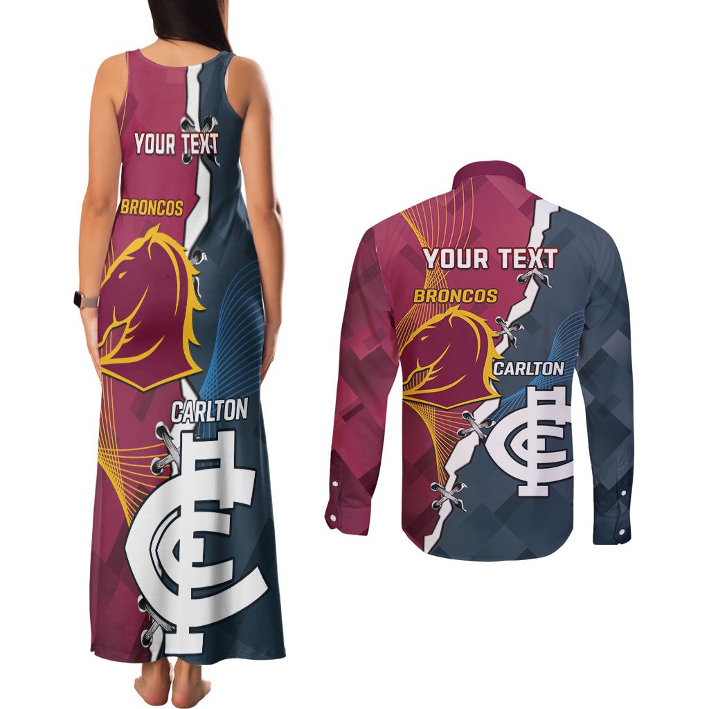 Personalised Broncos Rugby And Carlton Football Couples Matching Tank Maxi Dress and Long Sleeve Button Shirt Sporty Version LT14