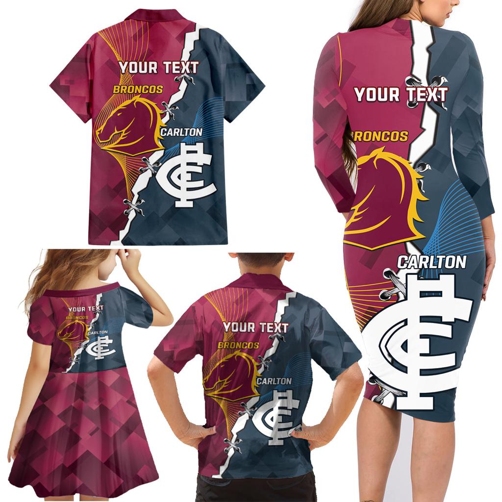 Personalised Broncos Rugby And Carlton Football Family Matching Long Sleeve Bodycon Dress and Hawaiian Shirt Sporty Version LT14