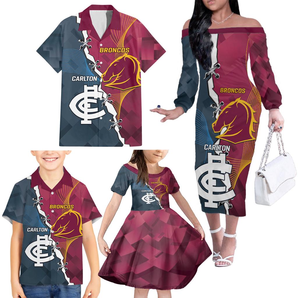 Personalised Broncos Rugby And Carlton Football Family Matching Off The Shoulder Long Sleeve Dress and Hawaiian Shirt Sporty Version LT14