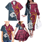 Personalised Broncos Rugby And Carlton Football Family Matching Off The Shoulder Long Sleeve Dress and Hawaiian Shirt Sporty Version LT14