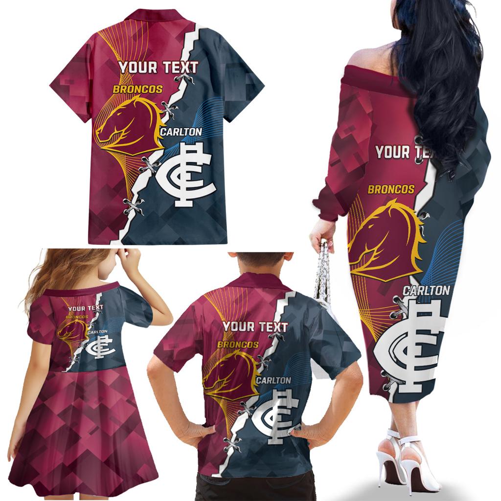 Personalised Broncos Rugby And Carlton Football Family Matching Off The Shoulder Long Sleeve Dress and Hawaiian Shirt Sporty Version LT14