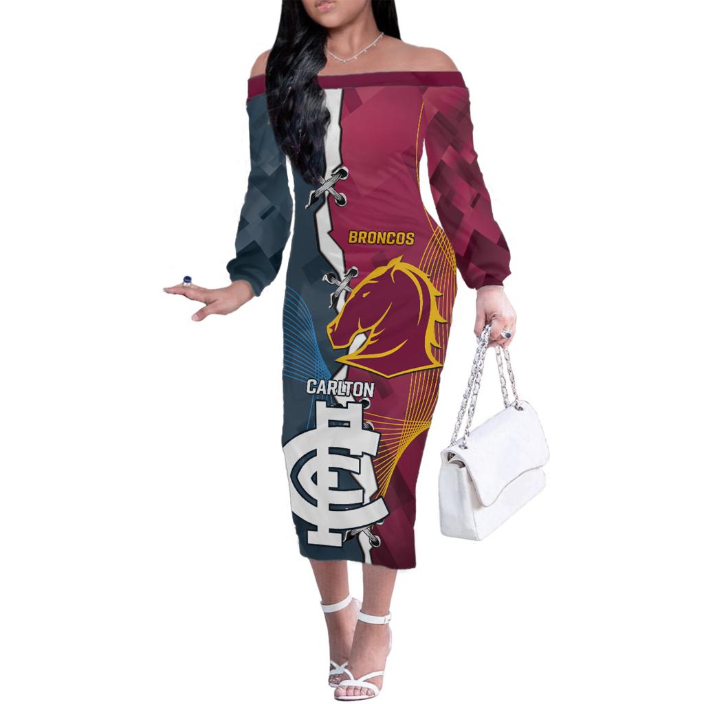 Personalised Broncos Rugby And Carlton Football Family Matching Off The Shoulder Long Sleeve Dress and Hawaiian Shirt Sporty Version LT14