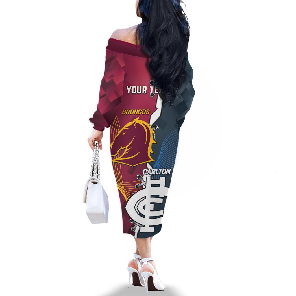 Personalised Broncos Rugby And Carlton Football Family Matching Off The Shoulder Long Sleeve Dress and Hawaiian Shirt Sporty Version LT14