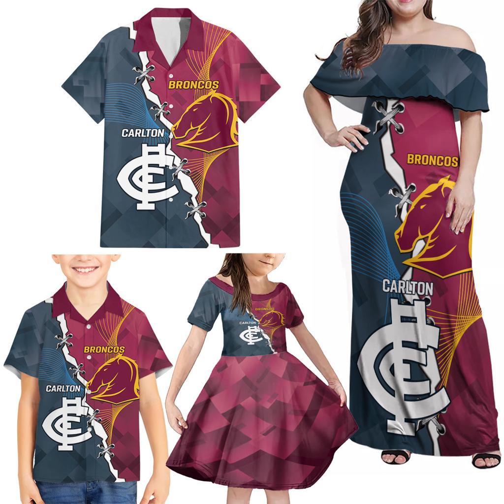 Personalised Broncos Rugby And Carlton Football Family Matching Off Shoulder Maxi Dress and Hawaiian Shirt Sporty Version LT14