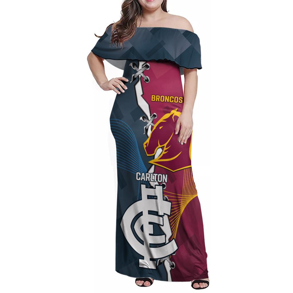 Personalised Broncos Rugby And Carlton Football Family Matching Off Shoulder Maxi Dress and Hawaiian Shirt Sporty Version LT14