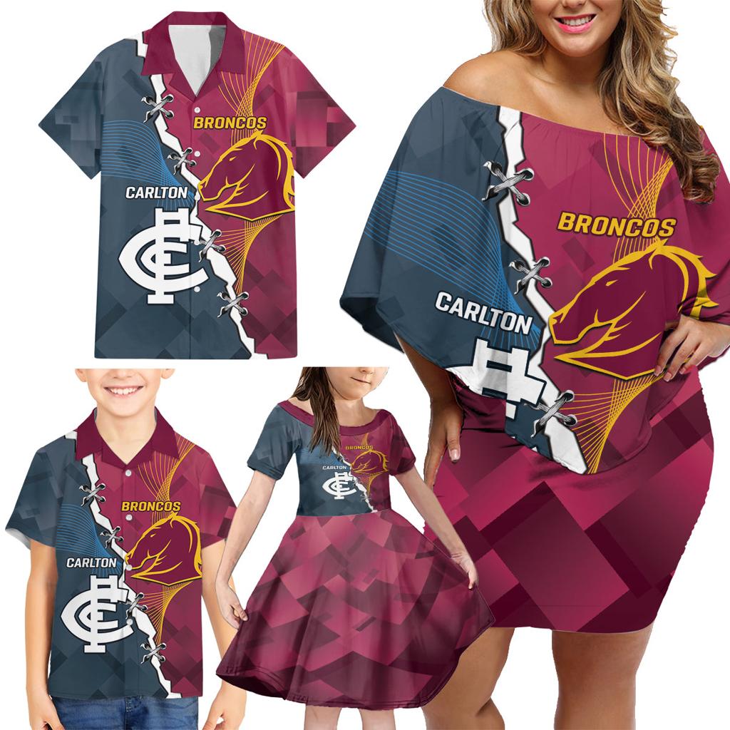 Personalised Broncos Rugby And Carlton Football Family Matching Off Shoulder Short Dress and Hawaiian Shirt Sporty Version LT14