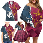 Personalised Broncos Rugby And Carlton Football Family Matching Off Shoulder Short Dress and Hawaiian Shirt Sporty Version LT14
