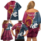Personalised Broncos Rugby And Carlton Football Family Matching Off Shoulder Short Dress and Hawaiian Shirt Sporty Version LT14