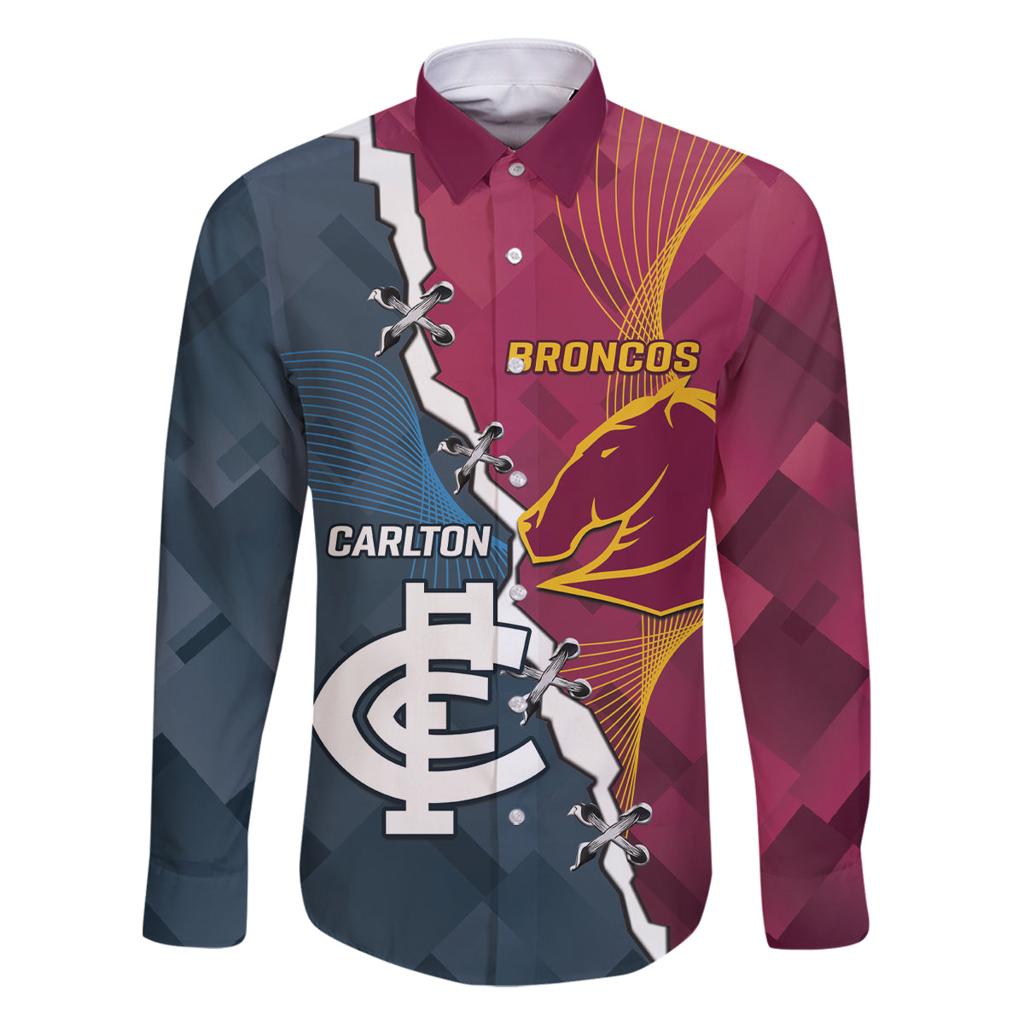 Personalised Broncos Rugby And Carlton Football Family Matching Off Shoulder Short Dress and Hawaiian Shirt Sporty Version LT14