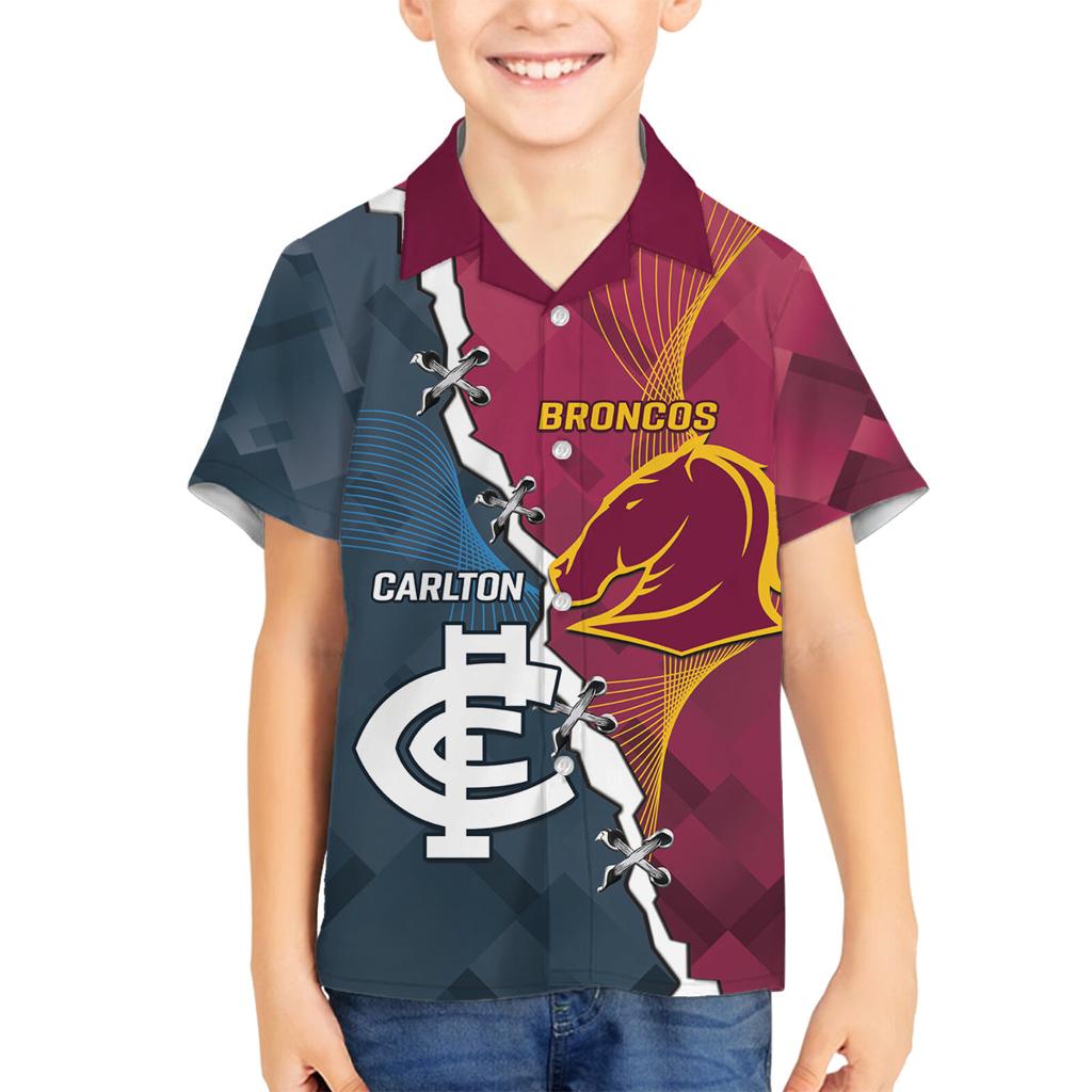 Personalised Broncos Rugby And Carlton Football Family Matching Off Shoulder Short Dress and Hawaiian Shirt Sporty Version LT14