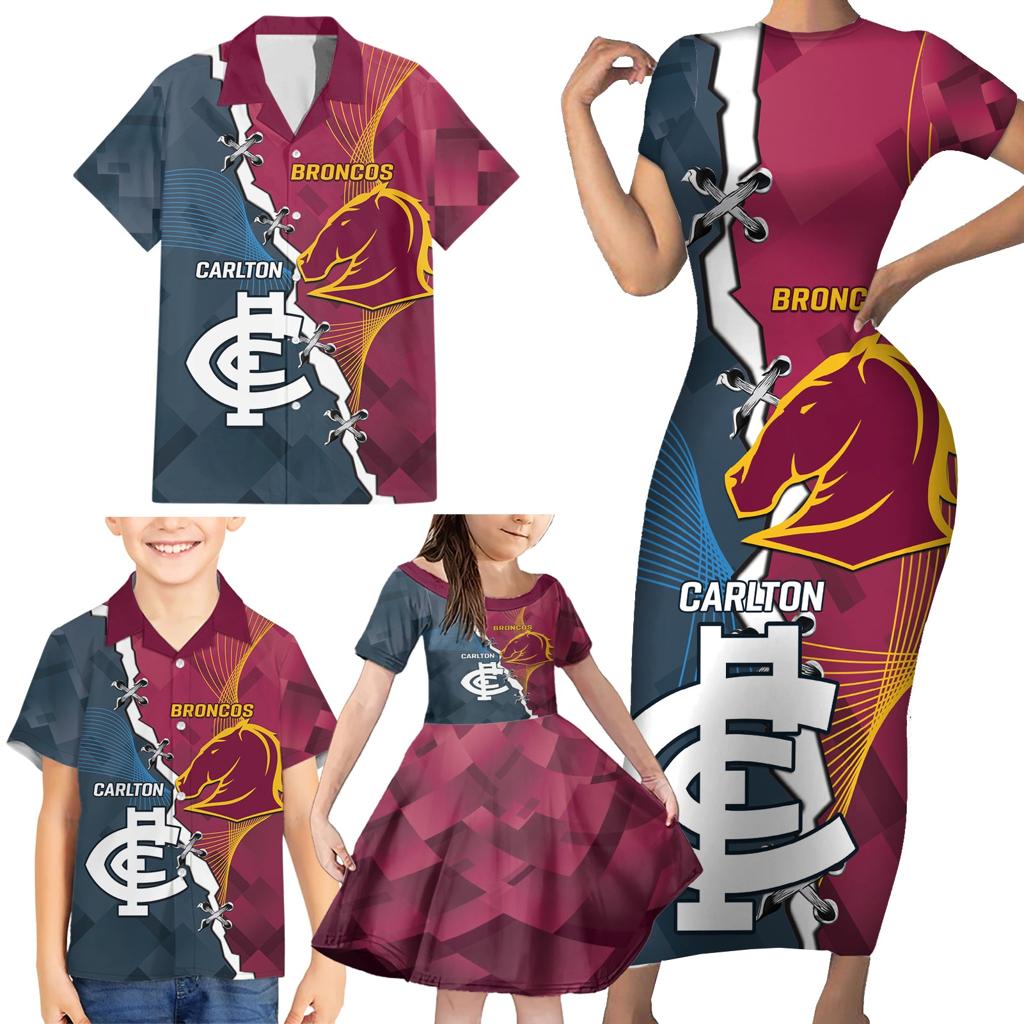 Personalised Broncos Rugby And Carlton Football Family Matching Short Sleeve Bodycon Dress and Hawaiian Shirt Sporty Version LT14