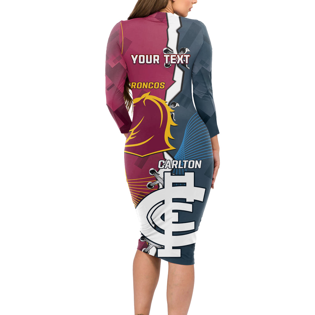 Personalised Broncos Rugby And Carlton Football Long Sleeve Bodycon Dress Sporty Version LT14