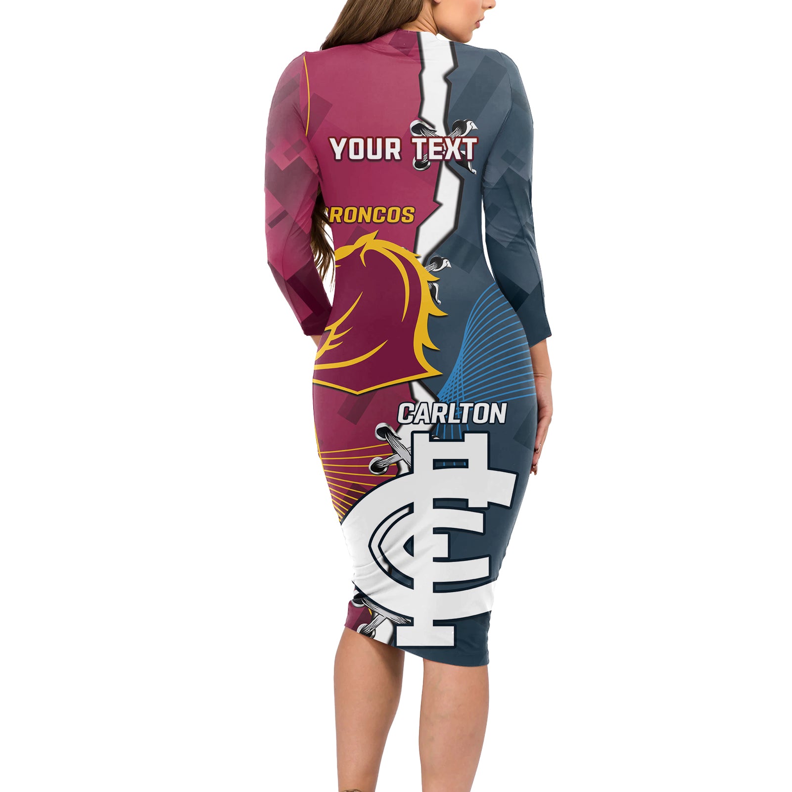Personalised Broncos Rugby And Carlton Football Long Sleeve Bodycon Dress Sporty Version LT14