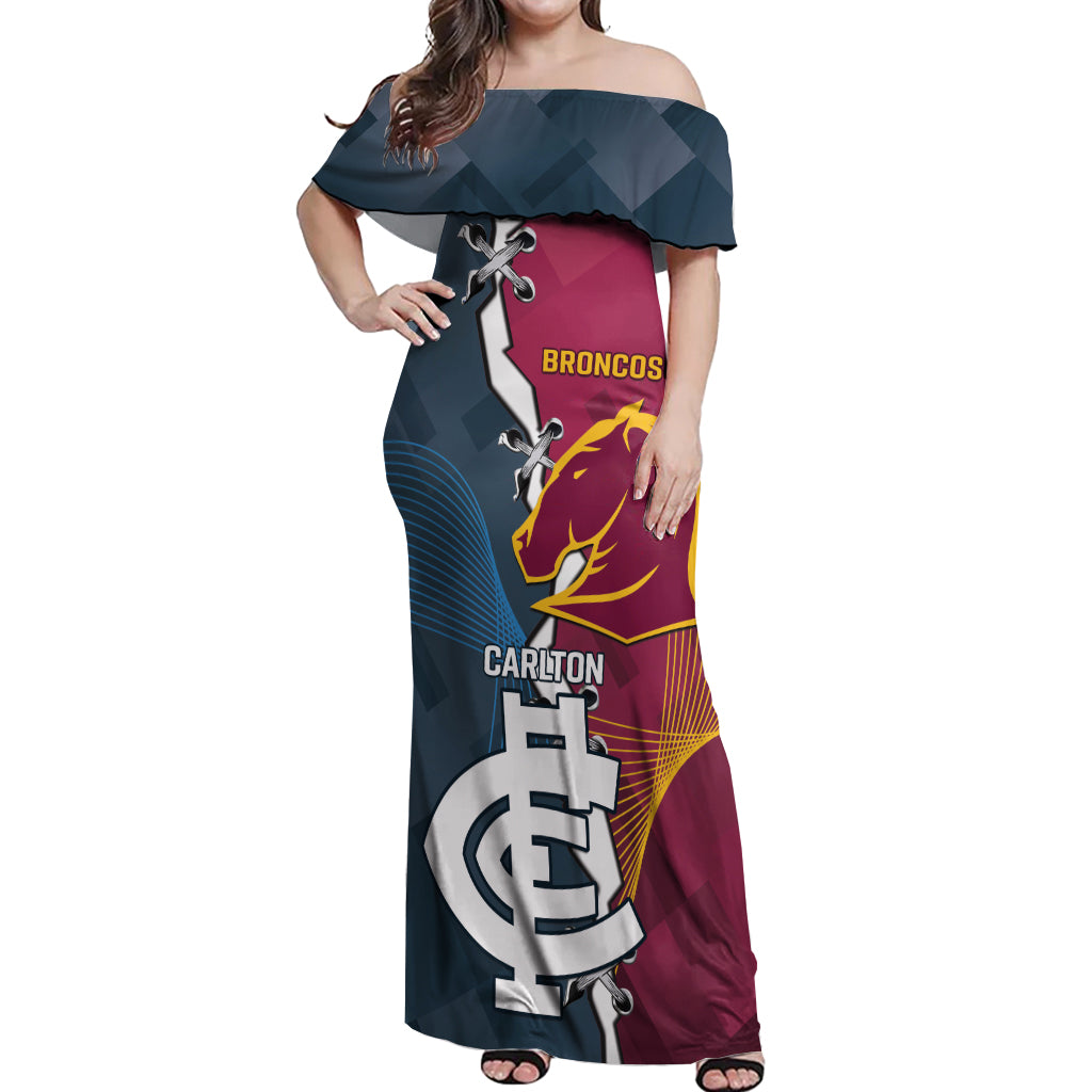 Personalised Broncos Rugby And Carlton Football Off Shoulder Maxi Dress Sporty Version LT14