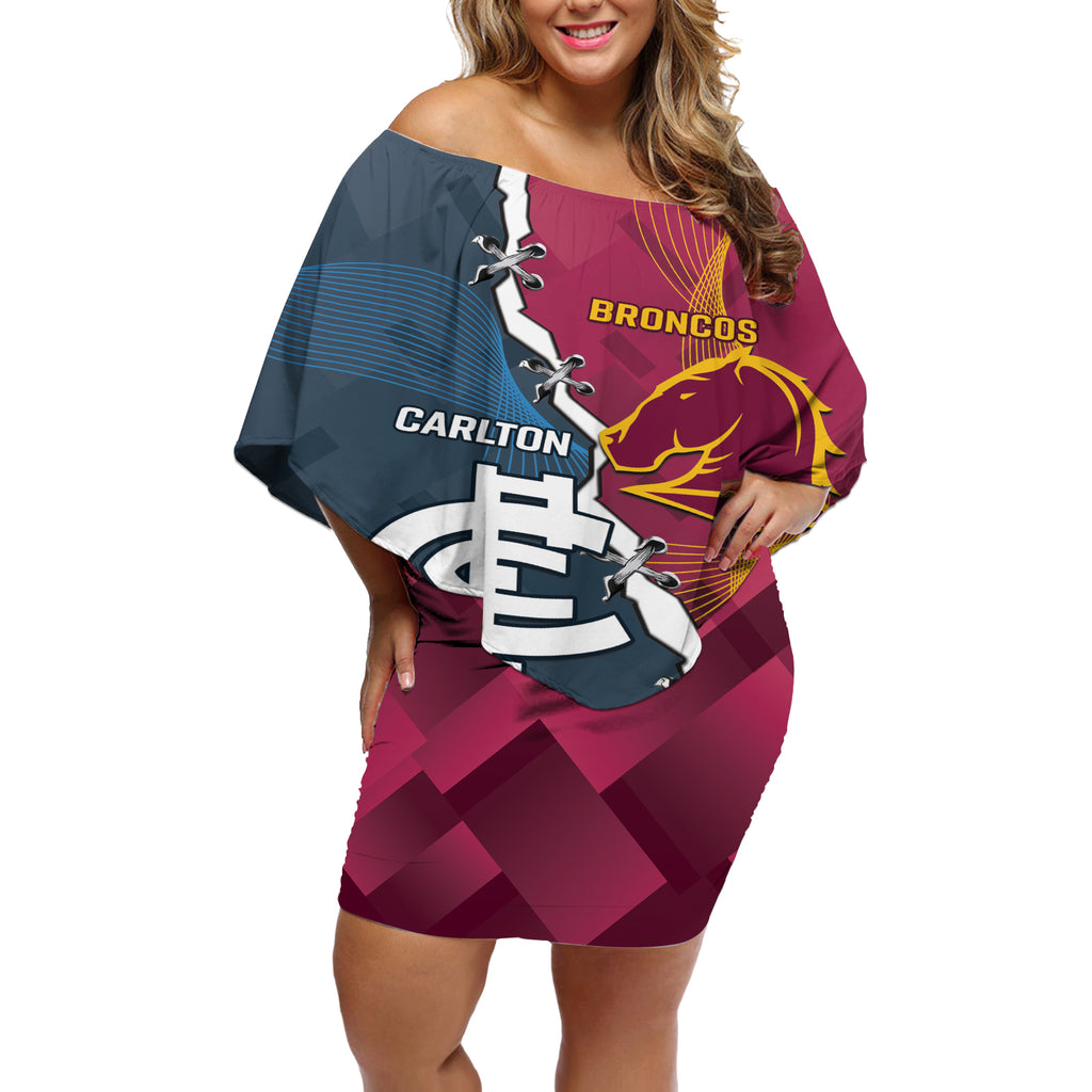 Personalised Broncos Rugby And Carlton Football Off Shoulder Short Dress Sporty Version LT14