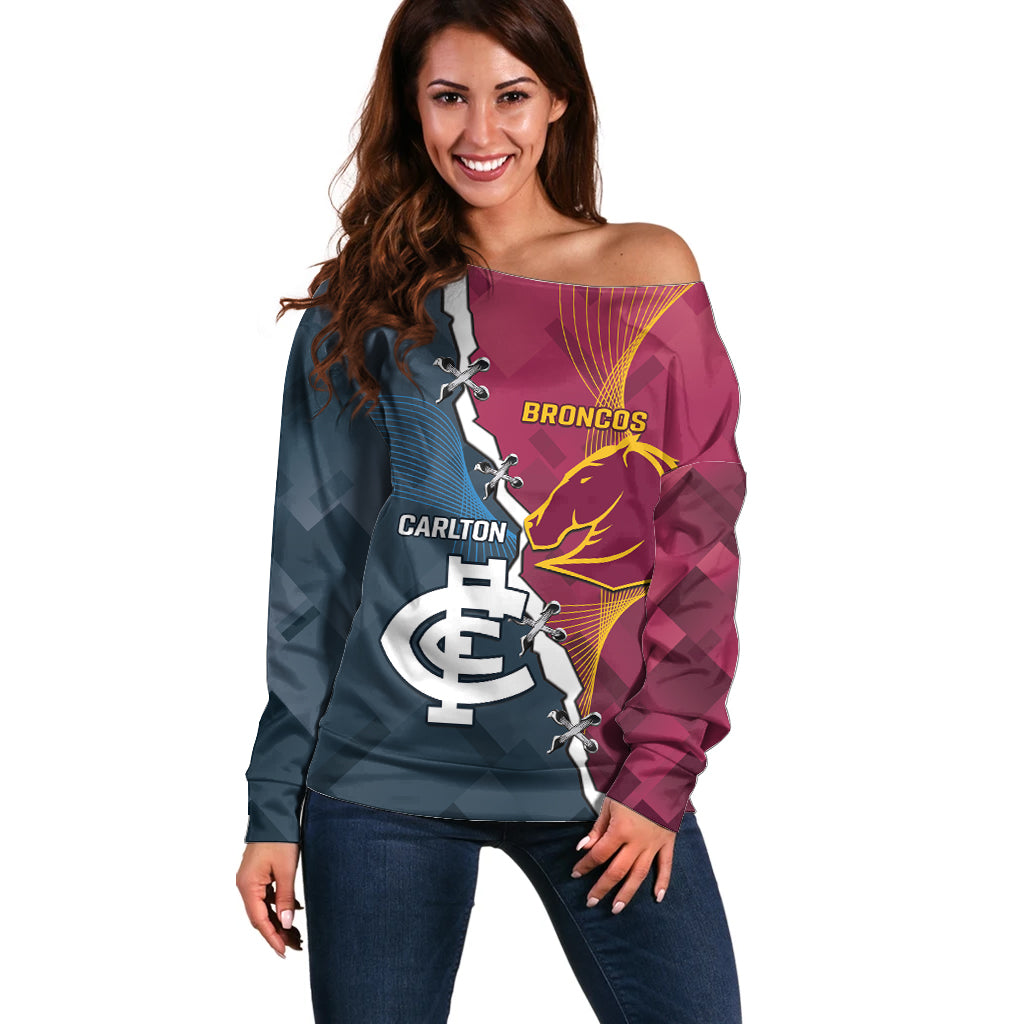 Personalised Broncos Rugby And Carlton Football Off Shoulder Sweater Sporty Version LT14