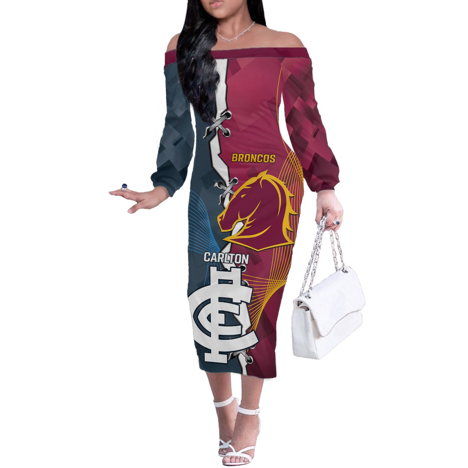 Personalised Broncos Rugby And Carlton Football Off The Shoulder Long Sleeve Dress Sporty Version LT14