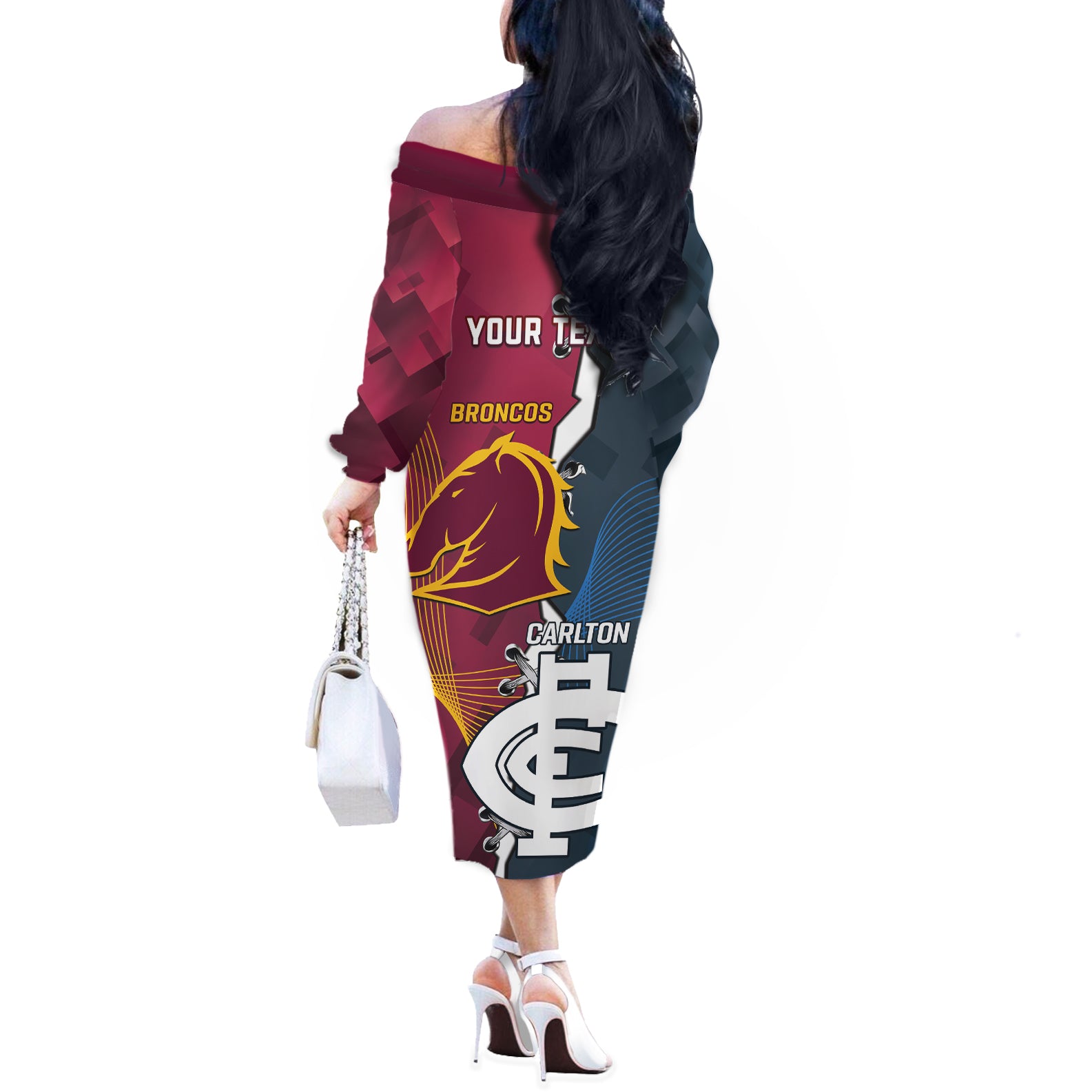 Personalised Broncos Rugby And Carlton Football Off The Shoulder Long Sleeve Dress Sporty Version LT14