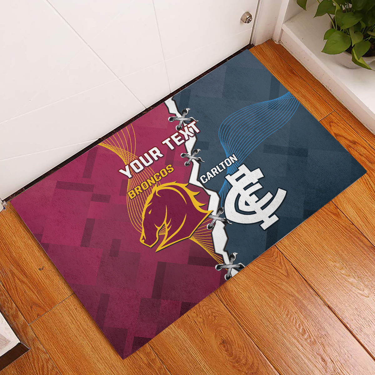 Personalised Broncos Rugby And Carlton Football Rubber Doormat Sporty Version