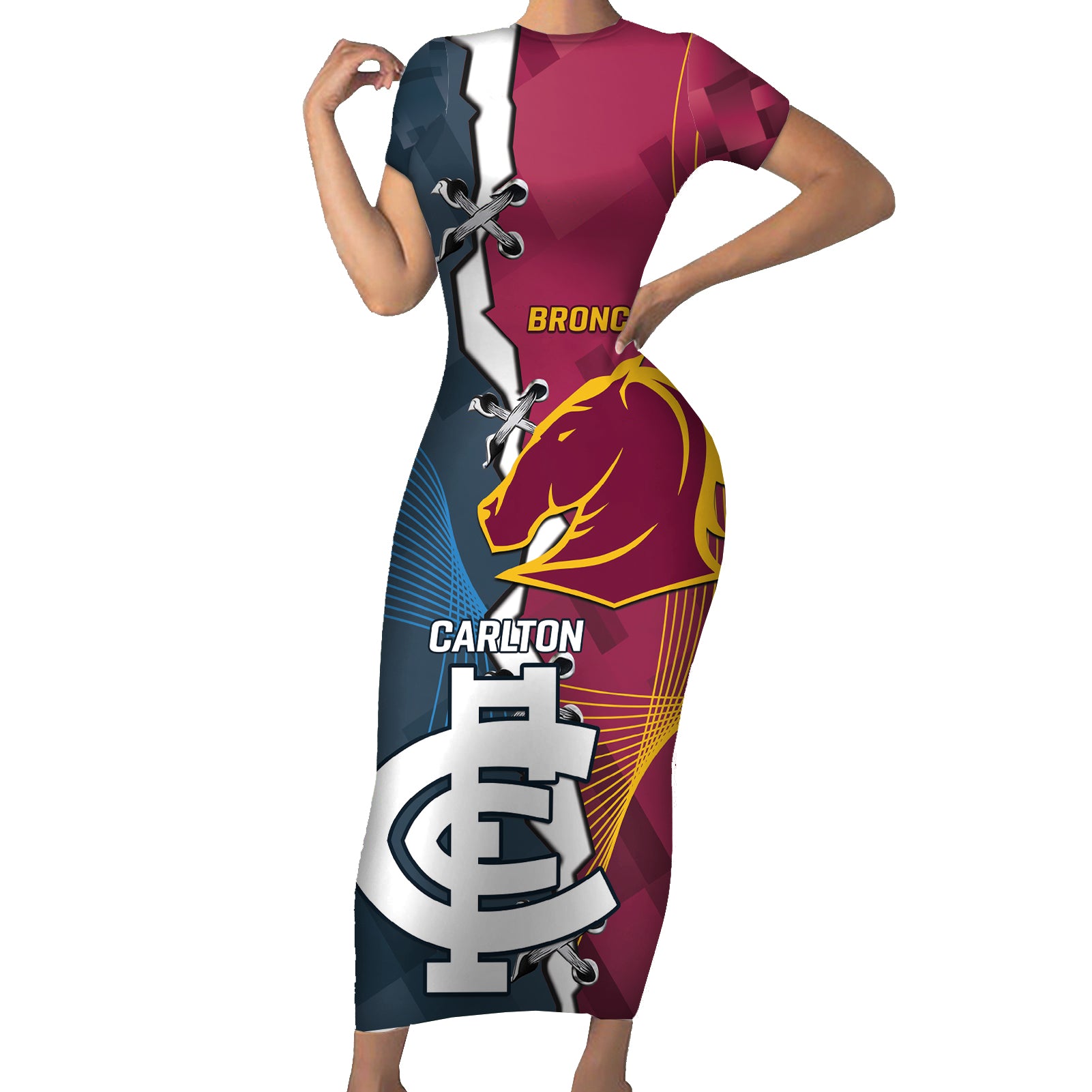 Personalised Broncos Rugby And Carlton Football Short Sleeve Bodycon Dress Sporty Version LT14