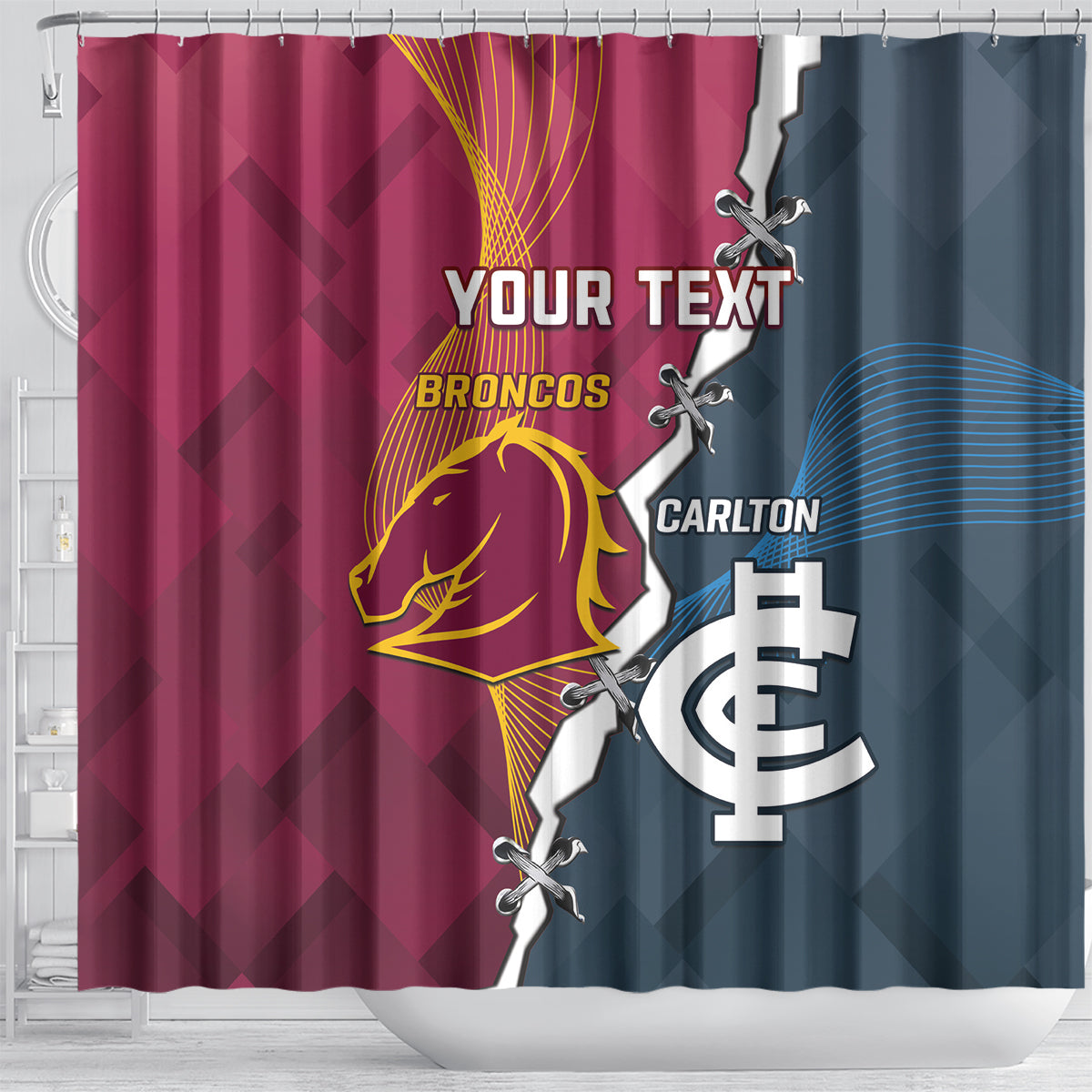 Personalised Broncos Rugby And Carlton Football Shower Curtain Sporty Version