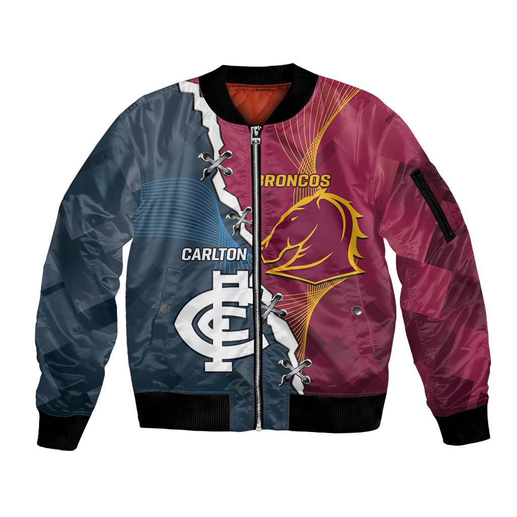 Personalised Broncos Rugby And Carlton Football Sleeve Zip Bomber Jacket Sporty Version LT14