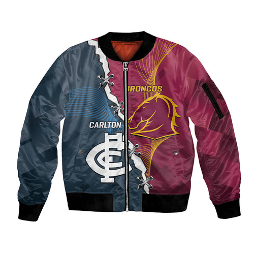 Personalised Broncos Rugby And Carlton Football Sleeve Zip Bomber Jacket Sporty Version LT14