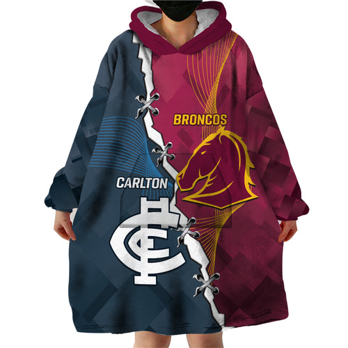 Personalised Broncos Rugby And Carlton Football Wearable Blanket Hoodie Sporty Version LT14