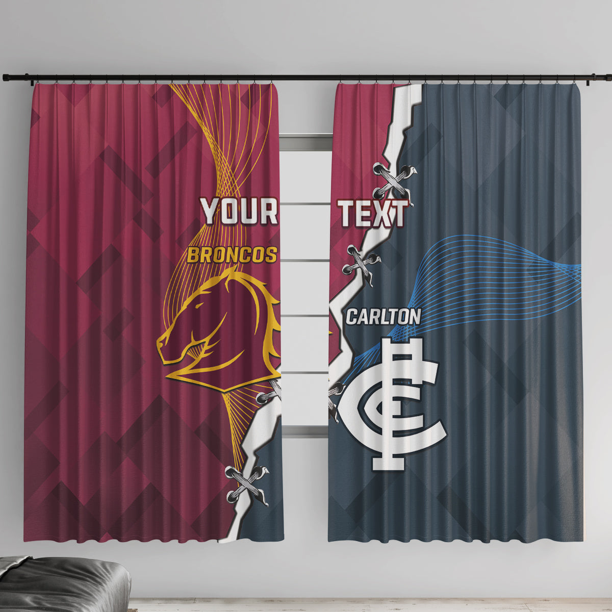 Personalised Broncos Rugby And Carlton Football Window Curtain Sporty Version