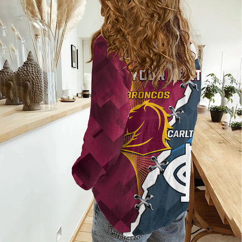 Personalised Broncos Rugby And Carlton Football Women Casual Shirt Sporty Version LT14
