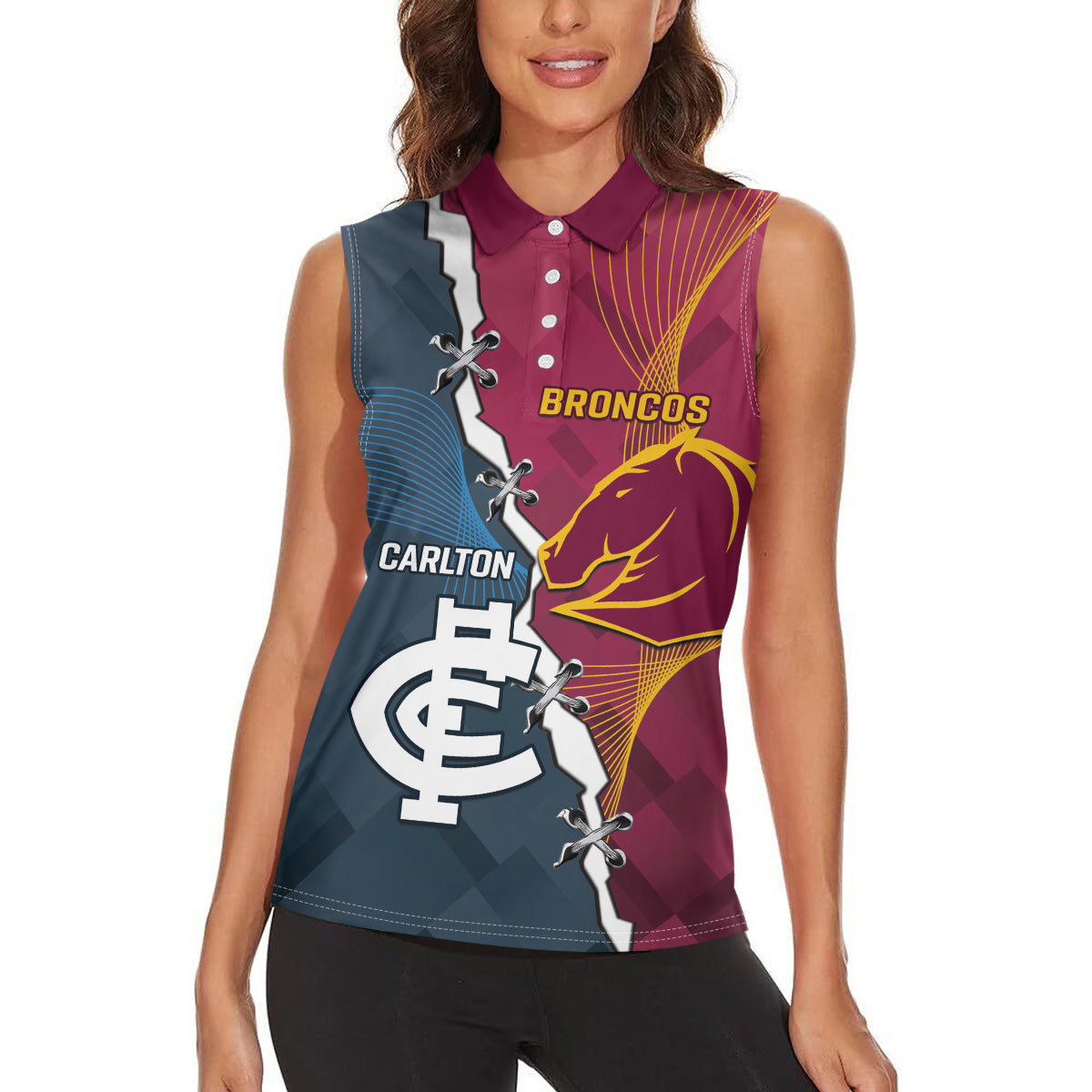 Personalised Broncos Rugby And Carlton Football Women Sleeveless Polo Shirt Sporty Version LT14