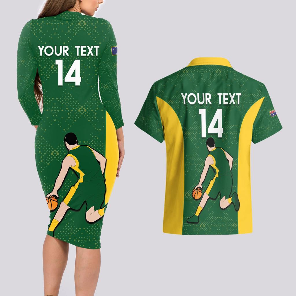 Custom Australia Basketball Couples Matching Long Sleeve Bodycon Dress and Hawaiian Shirt Go Champions Aussie Boomers National Color