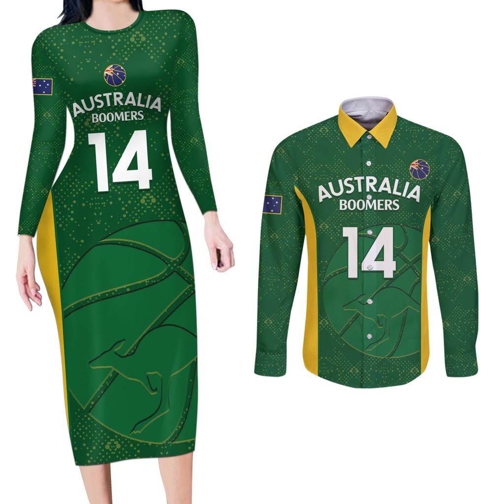 Custom Australia Basketball Couples Matching Long Sleeve Bodycon Dress and Long Sleeve Button Shirt Go Champions Aussie Boomers National Color