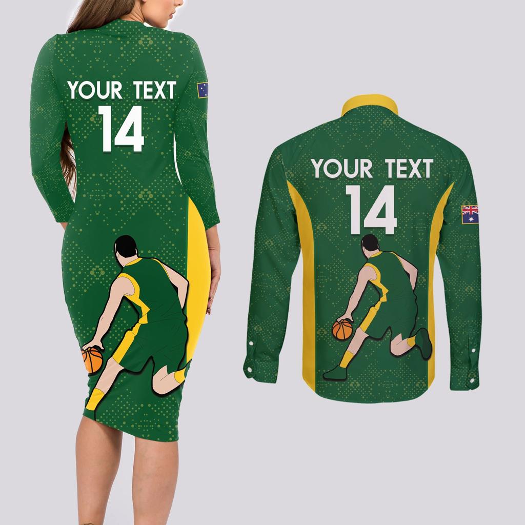 Custom Australia Basketball Couples Matching Long Sleeve Bodycon Dress and Long Sleeve Button Shirt Go Champions Aussie Boomers National Color