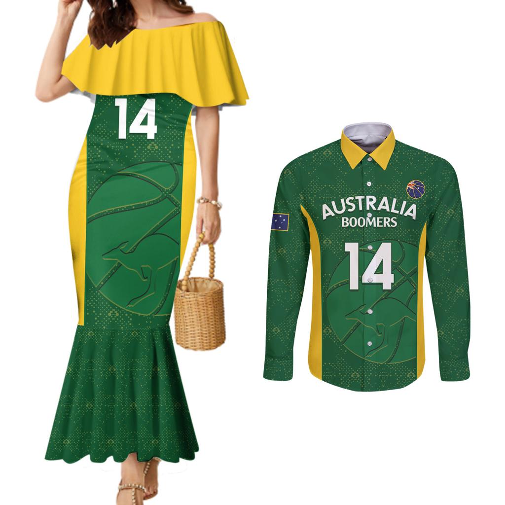 Custom Australia Basketball Couples Matching Mermaid Dress and Long Sleeve Button Shirt Go Champions Aussie Boomers National Color