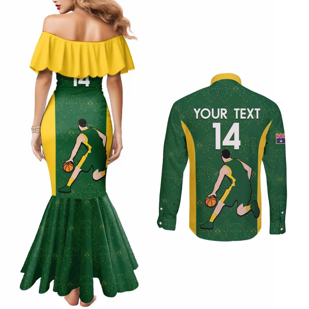 Custom Australia Basketball Couples Matching Mermaid Dress and Long Sleeve Button Shirt Go Champions Aussie Boomers National Color