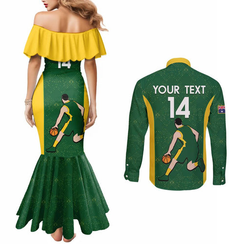 Custom Australia Basketball Couples Matching Mermaid Dress and Long Sleeve Button Shirt Go Champions Aussie Boomers National Color