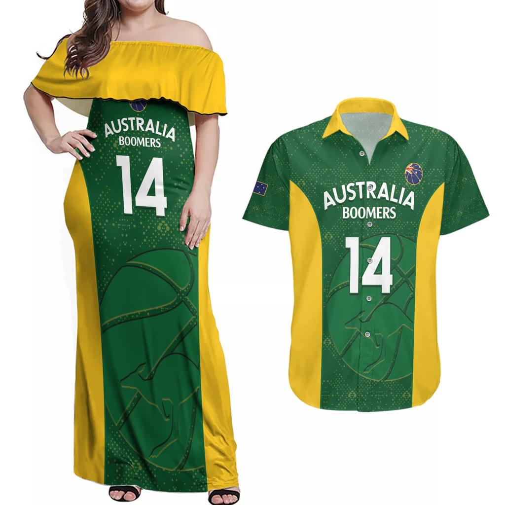 Custom Australia Basketball Couples Matching Off Shoulder Maxi Dress and Hawaiian Shirt Go Champions Aussie Boomers National Color