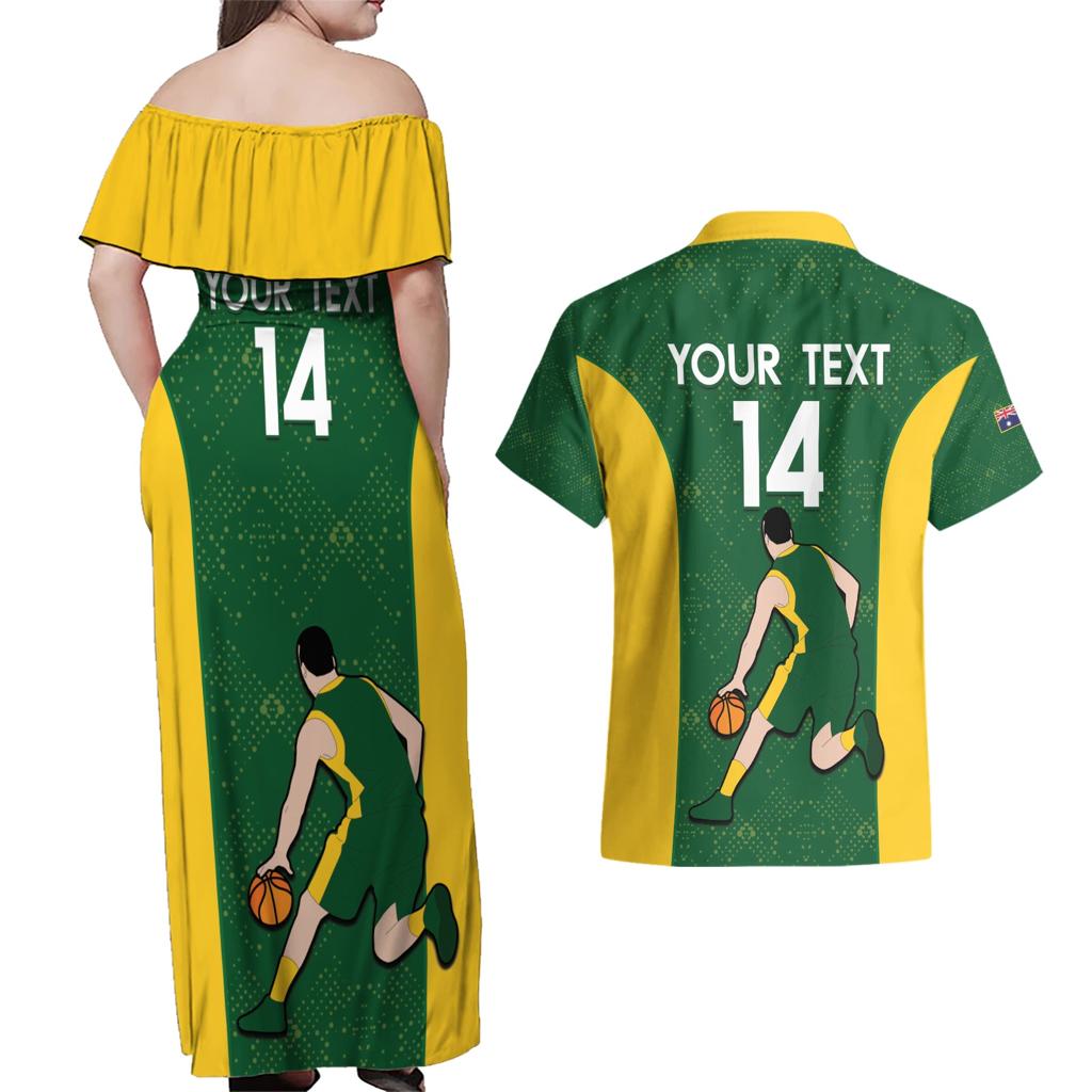 Custom Australia Basketball Couples Matching Off Shoulder Maxi Dress and Hawaiian Shirt Go Champions Aussie Boomers National Color