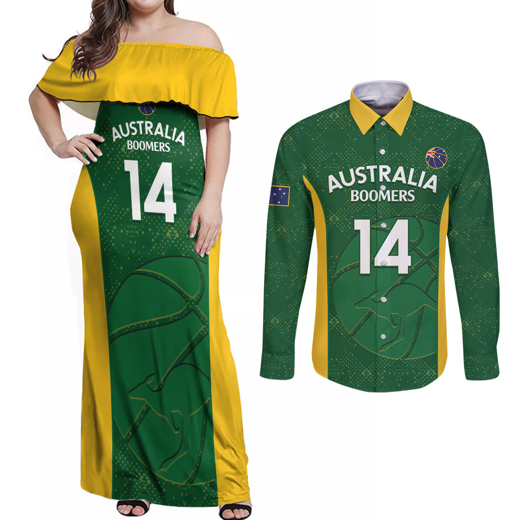 Custom Australia Basketball Couples Matching Off Shoulder Maxi Dress and Long Sleeve Button Shirt Go Champions Aussie Boomers National Color