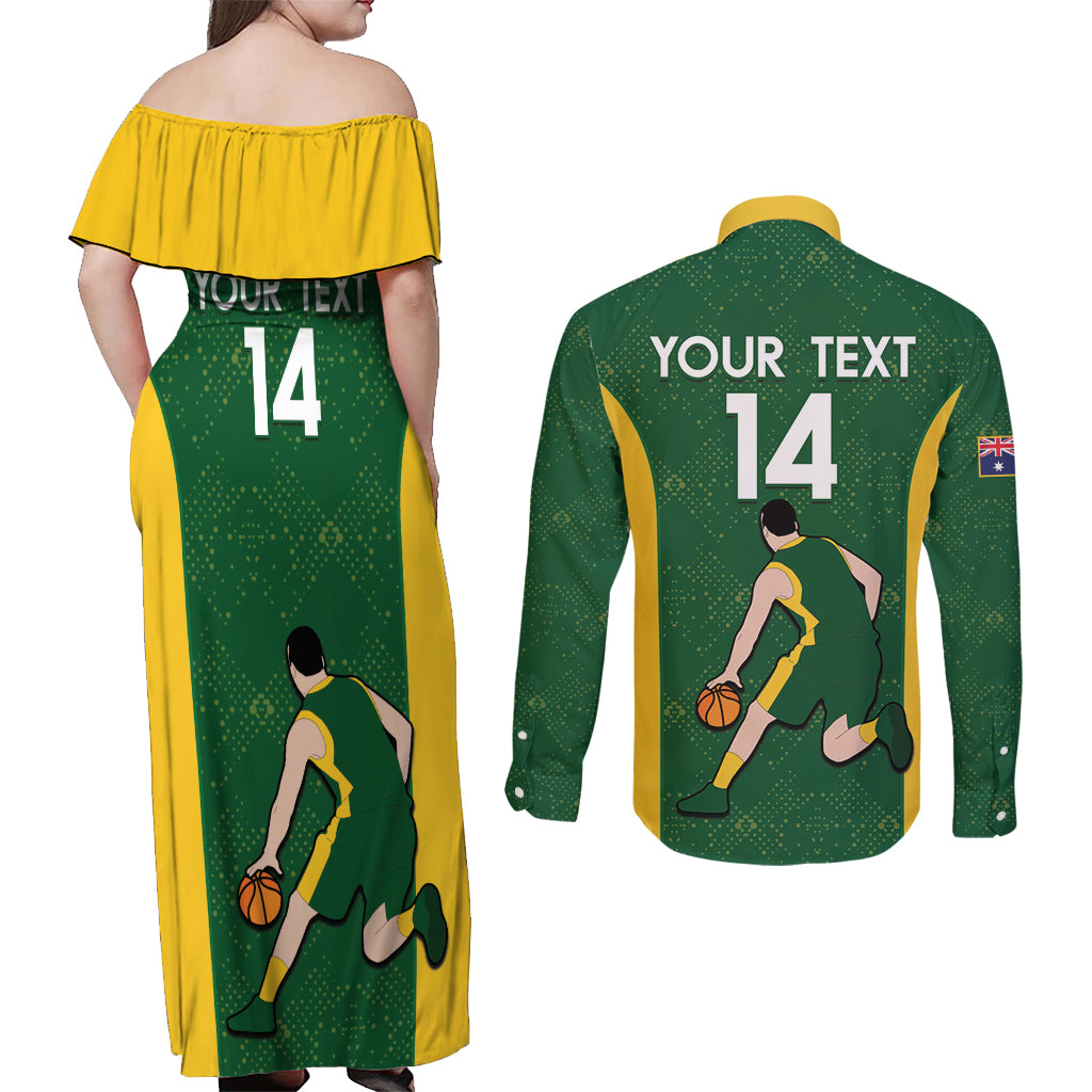 Custom Australia Basketball Couples Matching Off Shoulder Maxi Dress and Long Sleeve Button Shirt Go Champions Aussie Boomers National Color