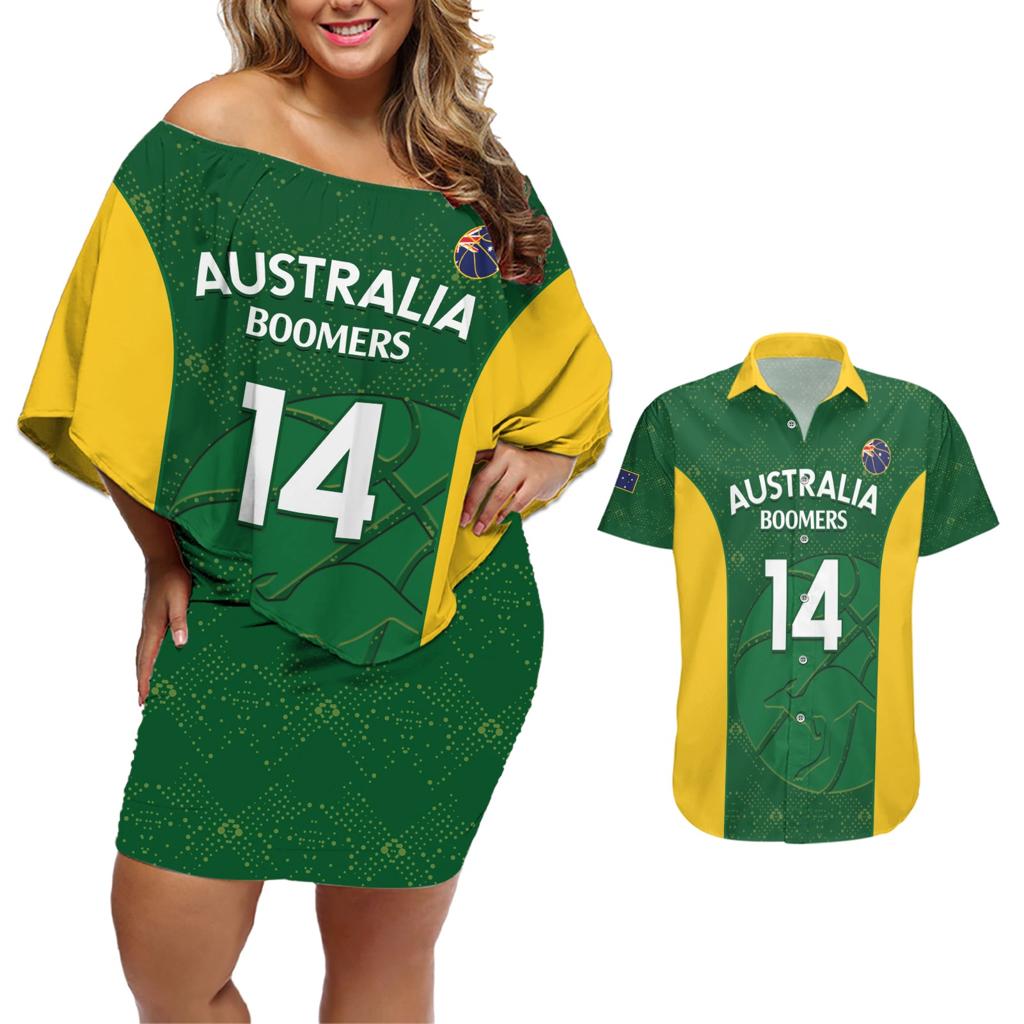 Custom Australia Basketball Couples Matching Off Shoulder Short Dress and Hawaiian Shirt Go Champions Aussie Boomers National Color