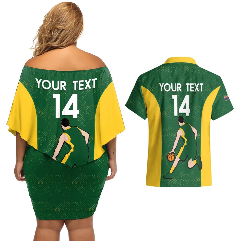 Custom Australia Basketball Couples Matching Off Shoulder Short Dress and Hawaiian Shirt Go Champions Aussie Boomers National Color