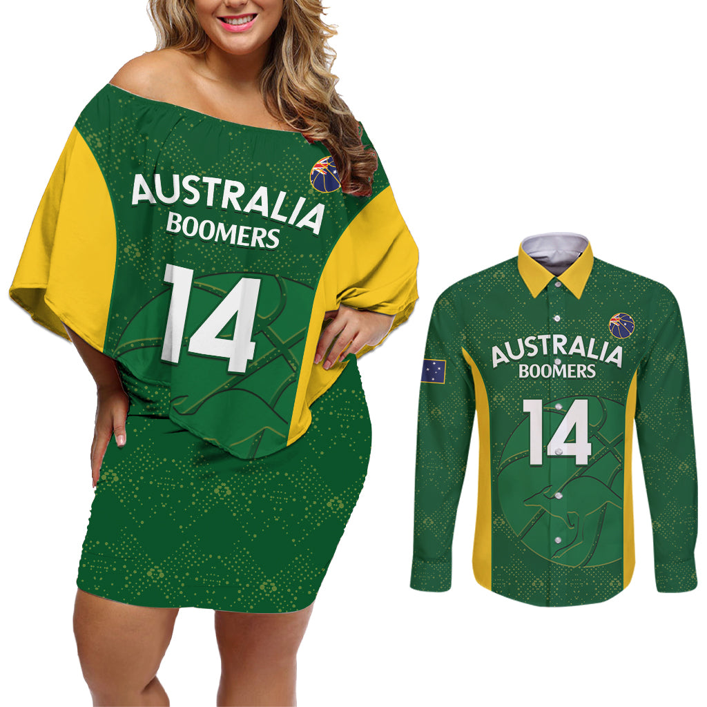 Custom Australia Basketball Couples Matching Off Shoulder Short Dress and Long Sleeve Button Shirt Go Champions Aussie Boomers National Color