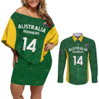Custom Australia Basketball Couples Matching Off Shoulder Short Dress and Long Sleeve Button Shirt Go Champions Aussie Boomers National Color