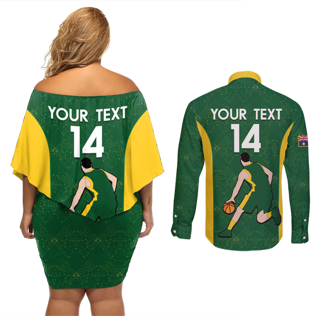 Custom Australia Basketball Couples Matching Off Shoulder Short Dress and Long Sleeve Button Shirt Go Champions Aussie Boomers National Color