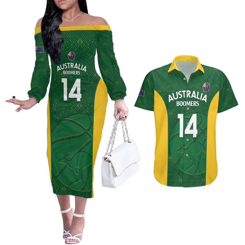 Custom Australia Basketball Couples Matching Off The Shoulder Long Sleeve Dress and Hawaiian Shirt Go Champions Aussie Boomers National Color