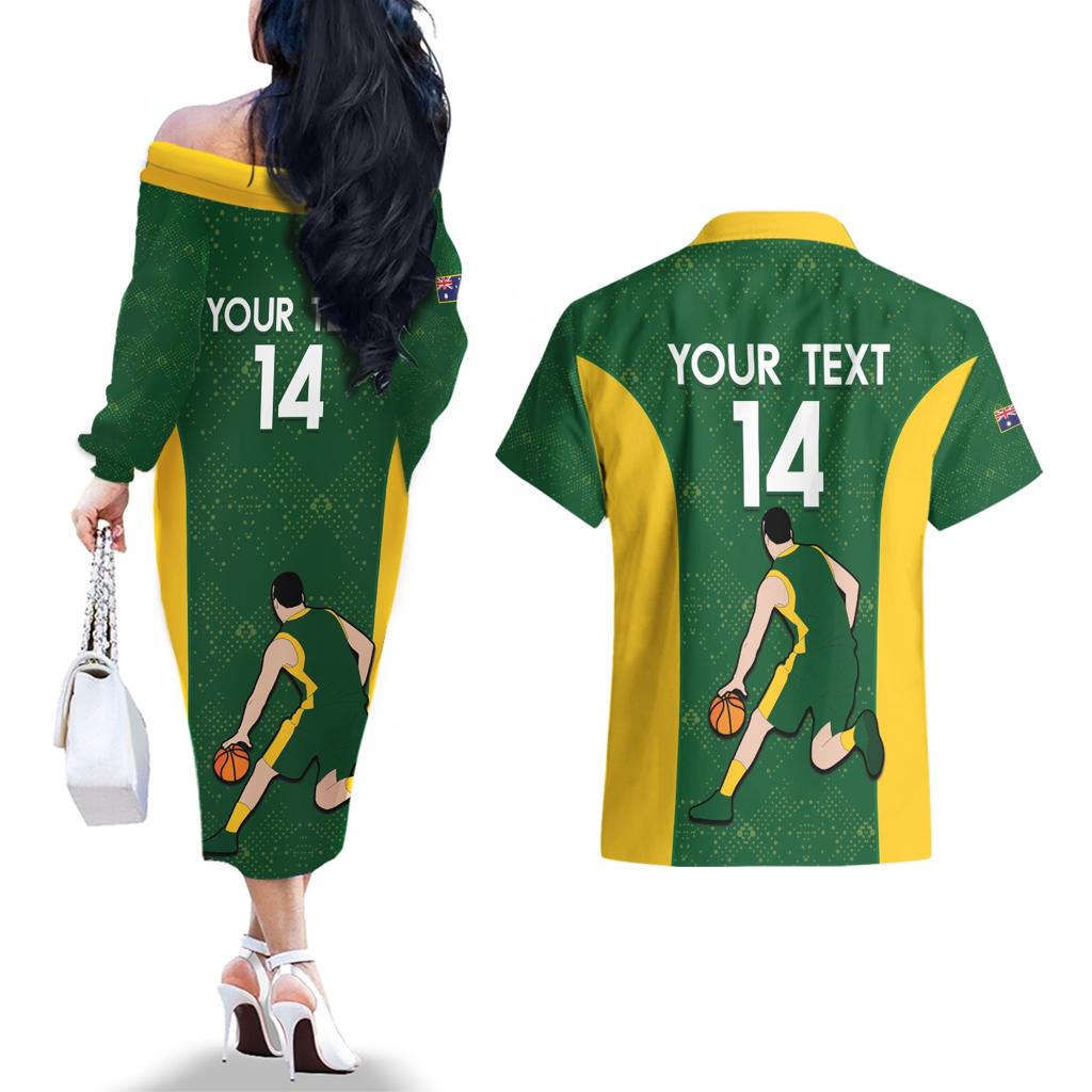 Custom Australia Basketball Couples Matching Off The Shoulder Long Sleeve Dress and Hawaiian Shirt Go Champions Aussie Boomers National Color
