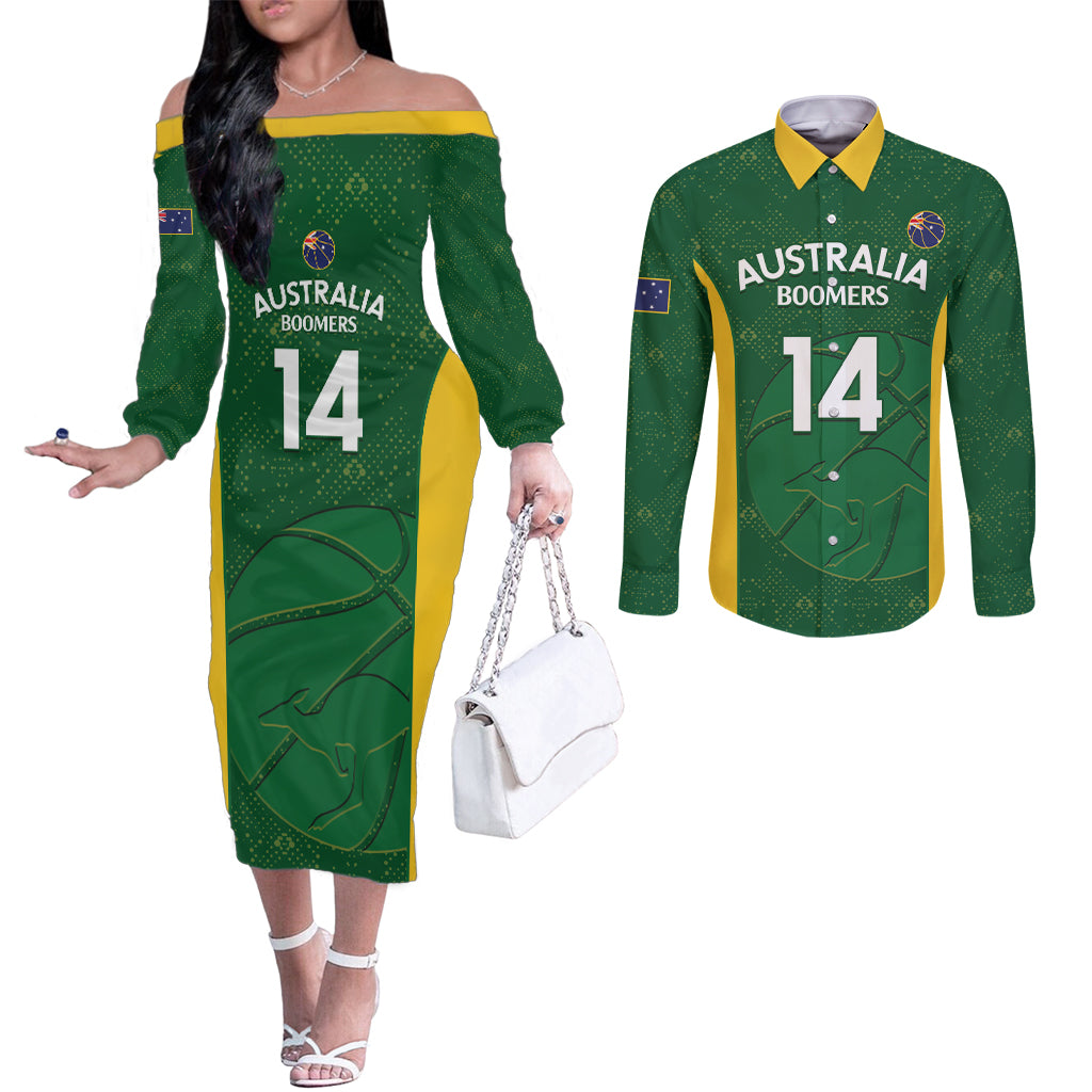 Custom Australia Basketball Couples Matching Off The Shoulder Long Sleeve Dress and Long Sleeve Button Shirt Go Champions Aussie Boomers National Color