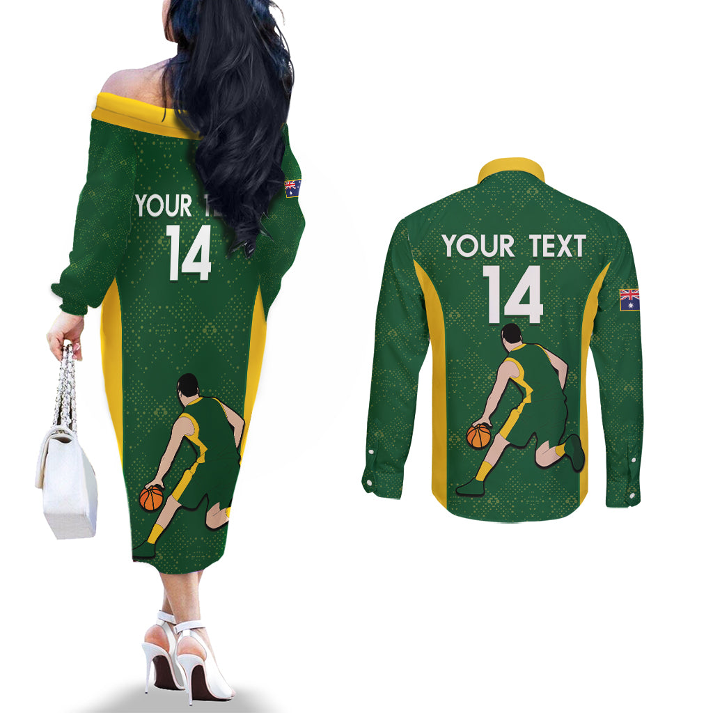 Custom Australia Basketball Couples Matching Off The Shoulder Long Sleeve Dress and Long Sleeve Button Shirt Go Champions Aussie Boomers National Color
